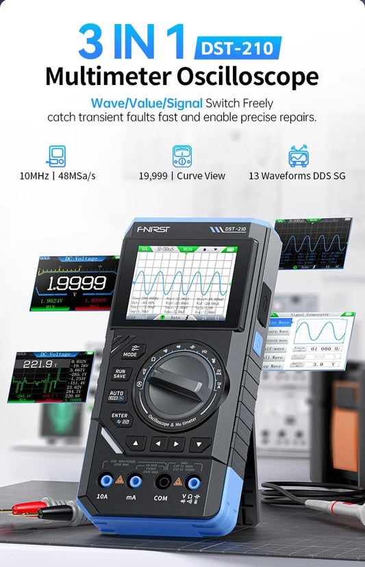 Fnirsi DST-210 Handheld 3-in-1 Multimeter + Oscilloscope + Signal Generator
