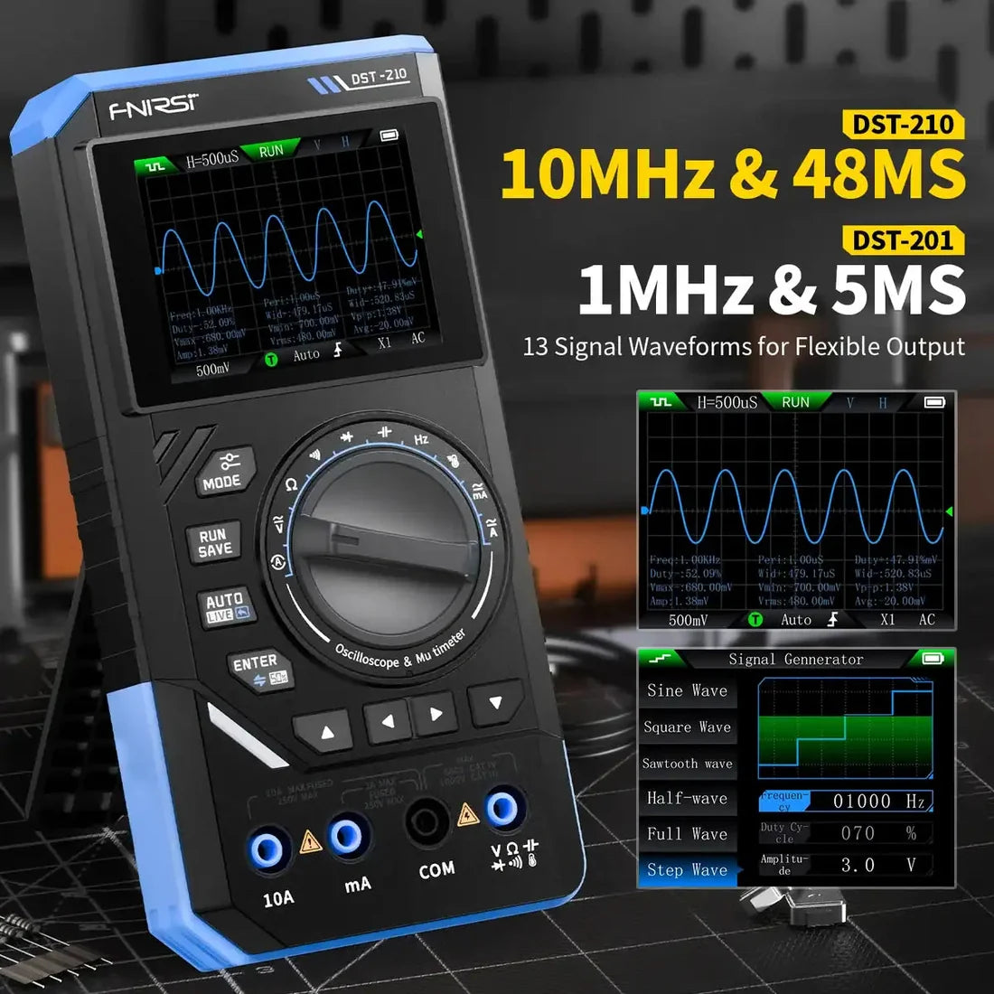 Fnirsi DST-210 Handheld 3-in-1 Multimeter + Oscilloscope + Signal Generator