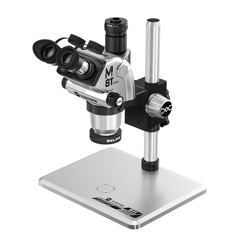 SUNSHINE M8T Ultra 6-72X Trinocular Stereo Microscope with B11 Aluminum Alloy Base Silver
