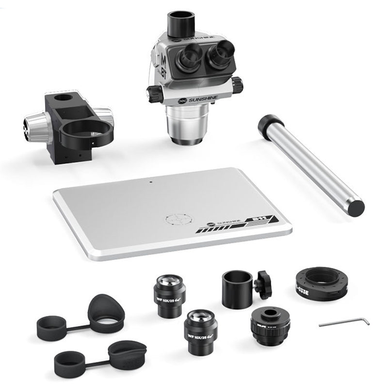 SUNSHINE M8T Ultra 6-72X Trinocular Stereo Microscope with B11 Aluminum Alloy Base Silver