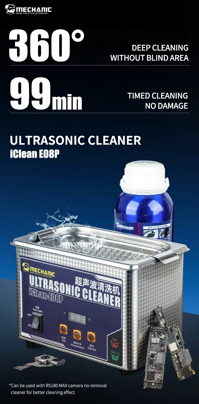Mechanic iClean-E08P 360° Deep Ultrasonic Cleaning Machine for Motherboard / Accessories / Glasses