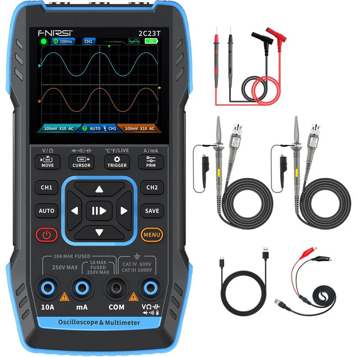 FNIRSI 2C23T Handheld Dual Channel 3-in-1 10MHz 50MS/s Oscilloscope Multimeter DDS Function Generator