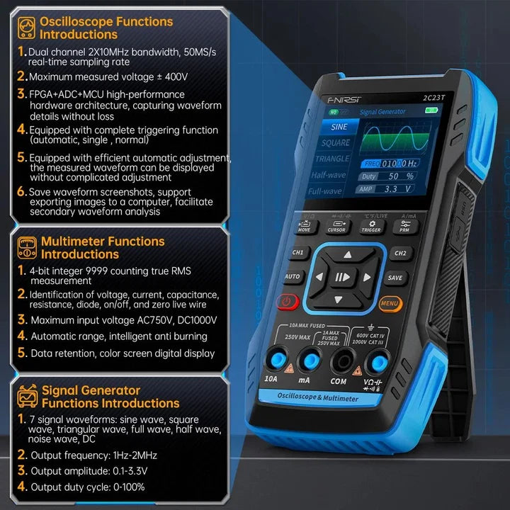 FNIRSI 2C23T Handheld Dual Channel 3-in-1 10MHz 50MS/s Oscilloscope Multimeter DDS Function Generator
