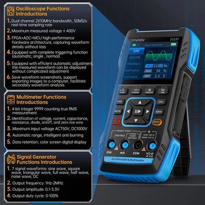 FNIRSI 2C23T Handheld Dual Channel 3-in-1 10MHz 50MS/s Oscilloscope Multimeter DDS Function Generator