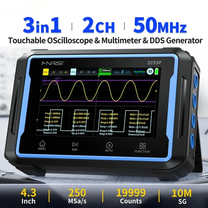 FNIRSI 2C53P 3-IN-1 50MHz 250MS/s Dual Channel Tablet Touchable Oscilloscope Multimeter DDS Generator
