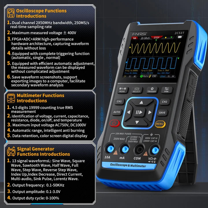 FNIRSI 2C53T 50MHz 250MS/s Handheld 3in1 Oscilloscope Multimeter Signal Generator