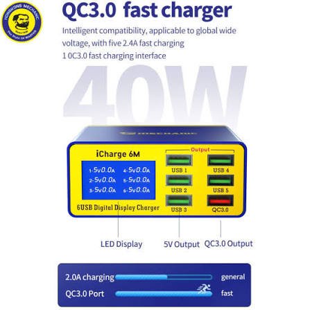 Mechanic-iCharge 6M Smart Charger Digital LCD Display QC 3.0 USB Fast-Charging 6 Port for Mobile Phone Tablet 5V/2A Input 5W