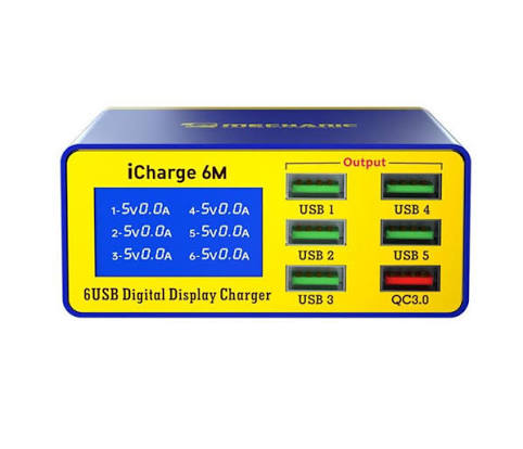 Mechanic-iCharge 6M Smart Charger Digital LCD Display QC 3.0 USB Fast-Charging 6 Port for Mobile Phone Tablet 5V/2A Input 5W