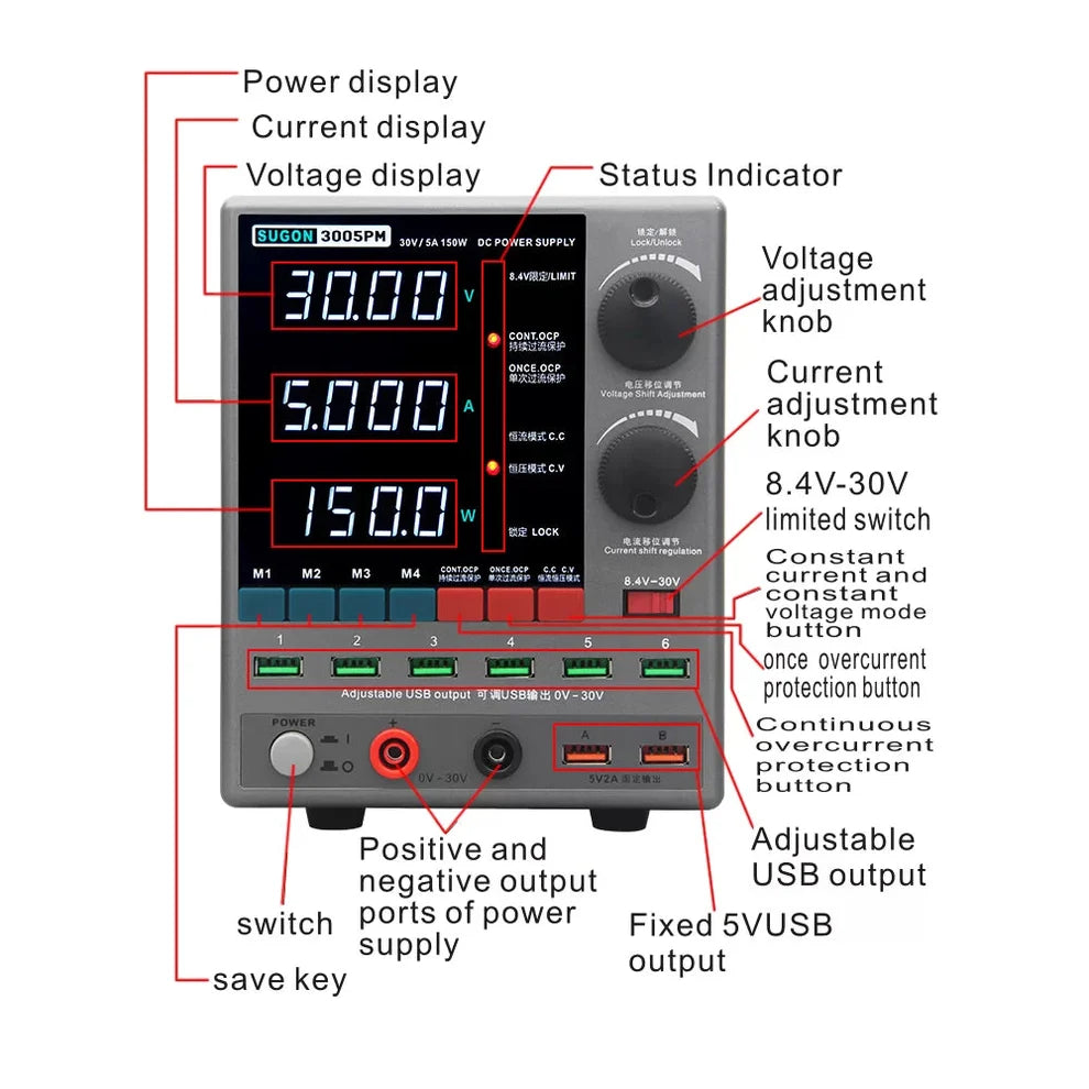 Sugon 3005PM 30V 5A 4-Digits Display LED High Precision Adjustable Switching DC Power Supply